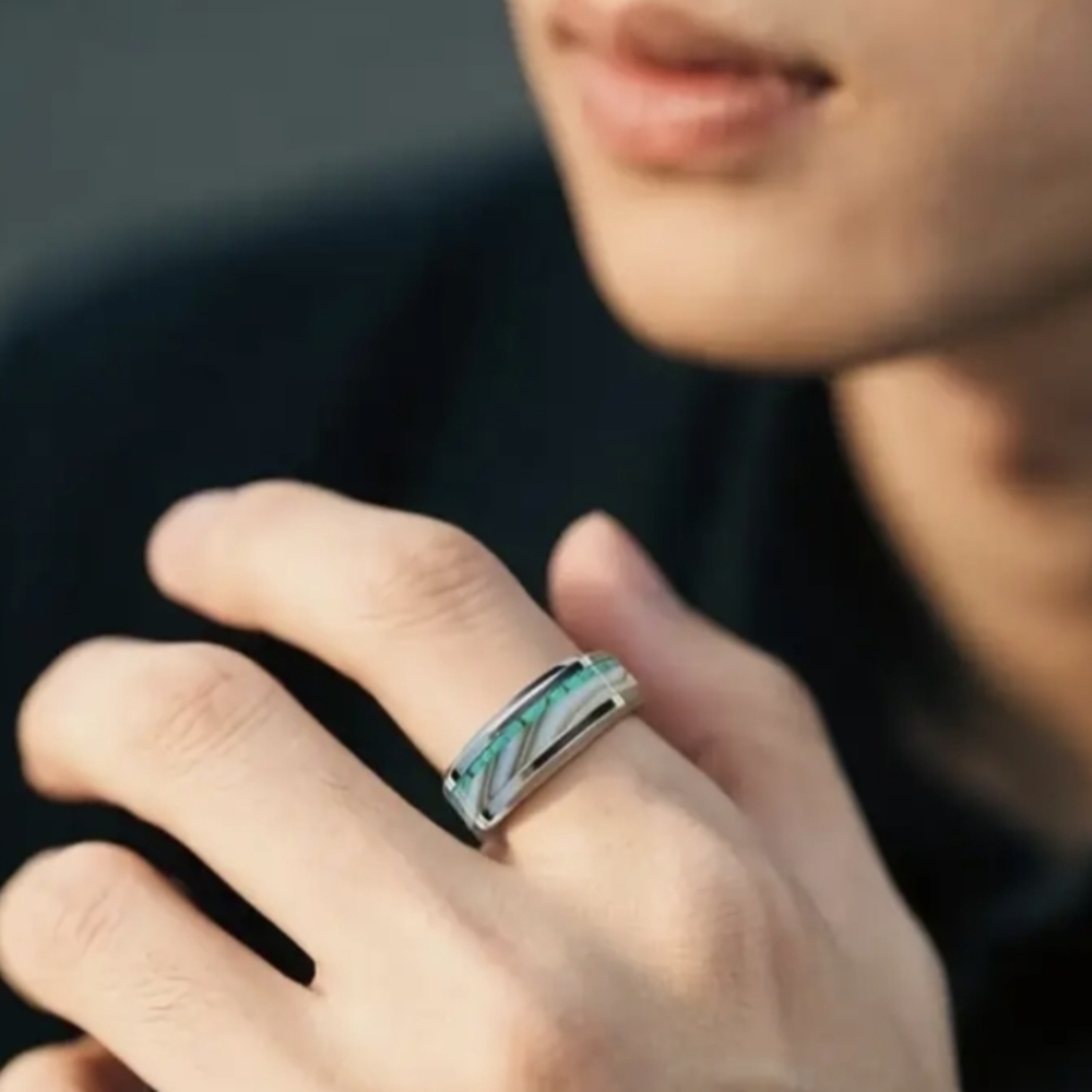 🩵Turquoise Like Marble Stainless Steel Ring for Women/Men Wedding Band Or Gift